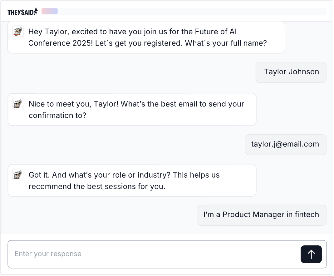 AI Forms Interface showing a conference registration form
